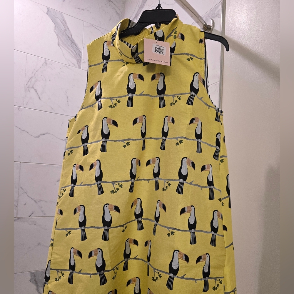 NWT Buru Yellow Toucan Tiki Print Sleeveless Tunic Dress